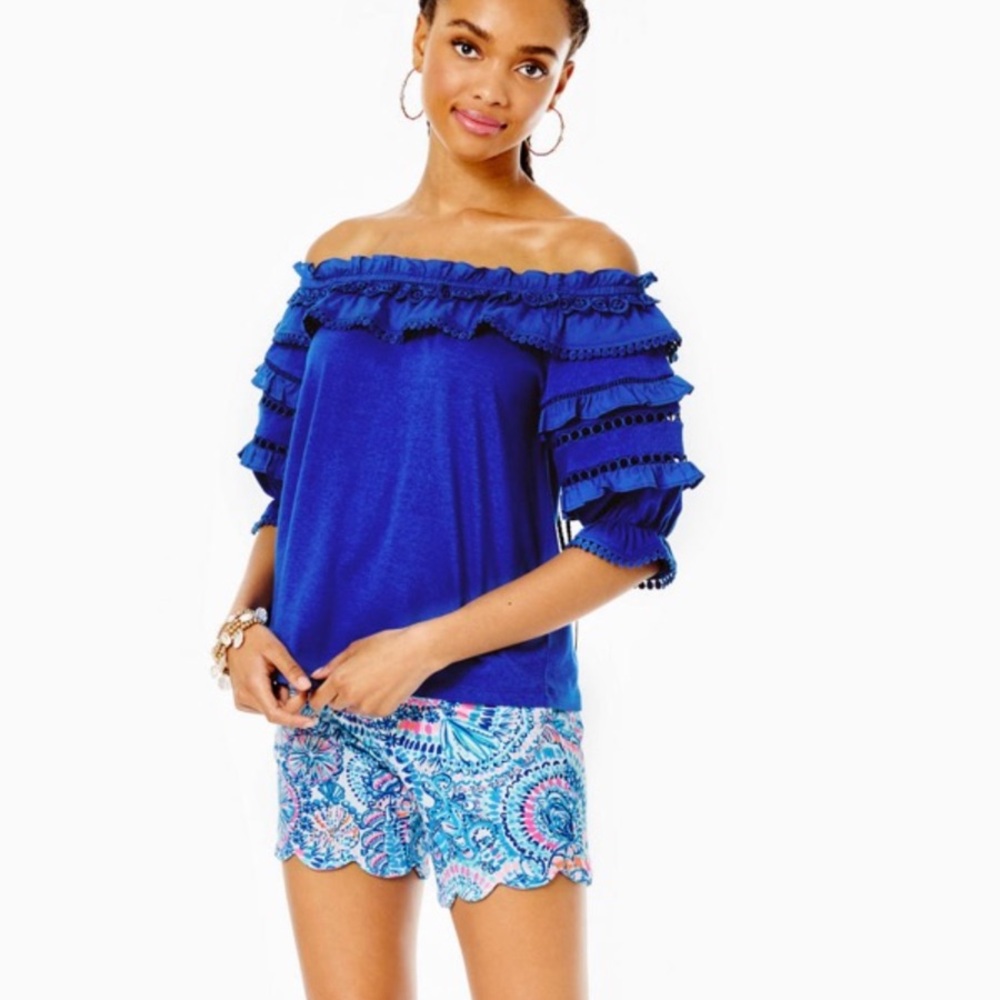 Lilly Pulitzer. Blue Off-Shoulder eyelet ruffle top